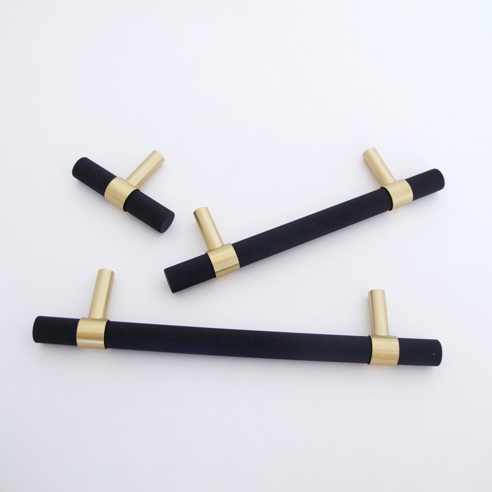 Knurled T-Bar Brass + Matte Black Handles  Drawer Pulls and Cabinet Knobs