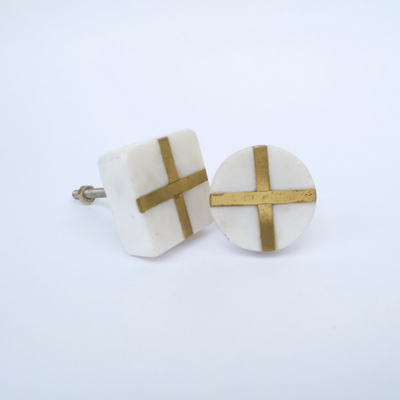 White Stone + Gold Square Knob  Drawer Pulls and Cabinet Knobs