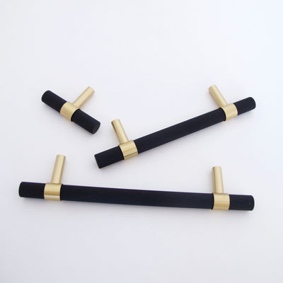 Knurled T-Bar Brass + Matte Black Handles  Drawer Pulls and Cabinet Knobs