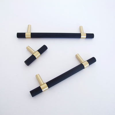 Knurled T-Bar Brass + Matte Black Handles  Drawer Pulls and Cabinet Knobs