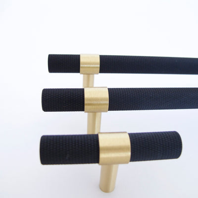 Knurled T-Bar Brass + Matte Black Handles  Drawer Pulls and Cabinet Knobs