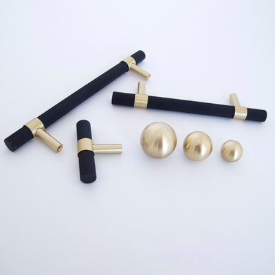 Knurled T-Bar Brass + Matte Black Handles  Drawer Pulls and Cabinet Knobs