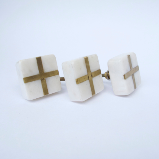 White Stone + Gold Square Knob  Drawer Pulls and Cabinet Knobs