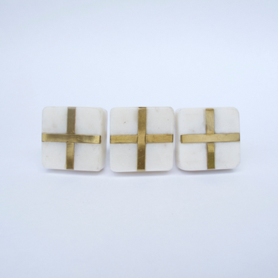 White Stone + Gold Square Knob  Drawer Pulls and Cabinet Knobs