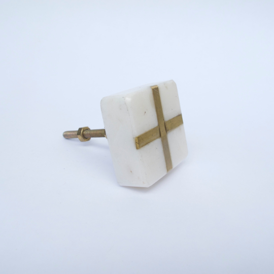 White Stone + Gold Square Knob  Drawer Pulls and Cabinet Knobs