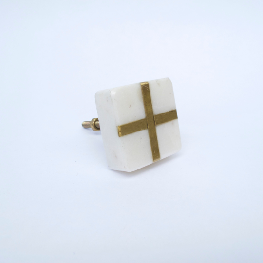 White Stone + Gold Square Knob  Drawer Pulls and Cabinet Knobs
