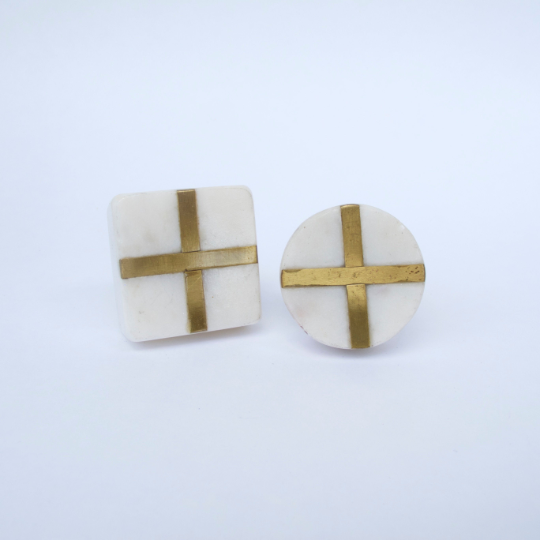 White Stone + Gold Square Knob  Drawer Pulls and Cabinet Knobs