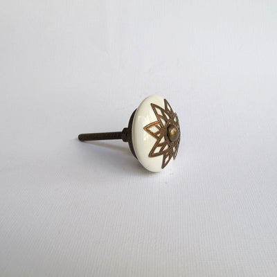 Brass Starburst Knob - White Round  Drawer Pulls and Cabinet Knobs