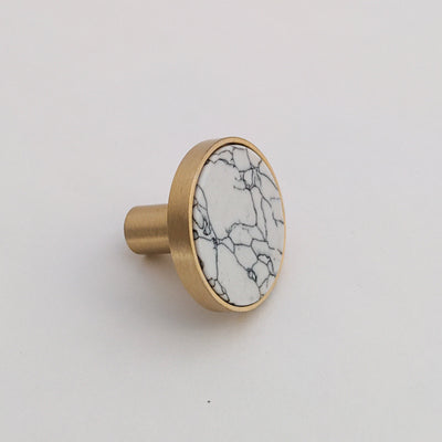 Modern Marble Knob - Round White + Black Marble Stone -  Gold Accent - Unique Drawer Pulls, Cabinet Knobs and Pulls, Unique, Decorative