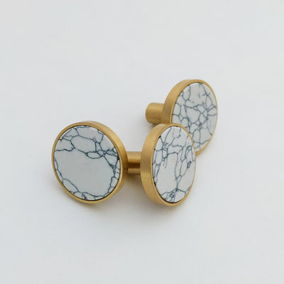 Modern Marble Knob - Round White + Black Marble Stone -  Gold Accent - Unique Drawer Pulls, Cabinet Knobs and Pulls, Unique, Decorative