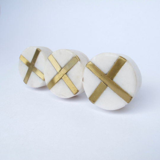 White Stone + Gold Round Knob  Drawer Pulls and Cabinet Knobs